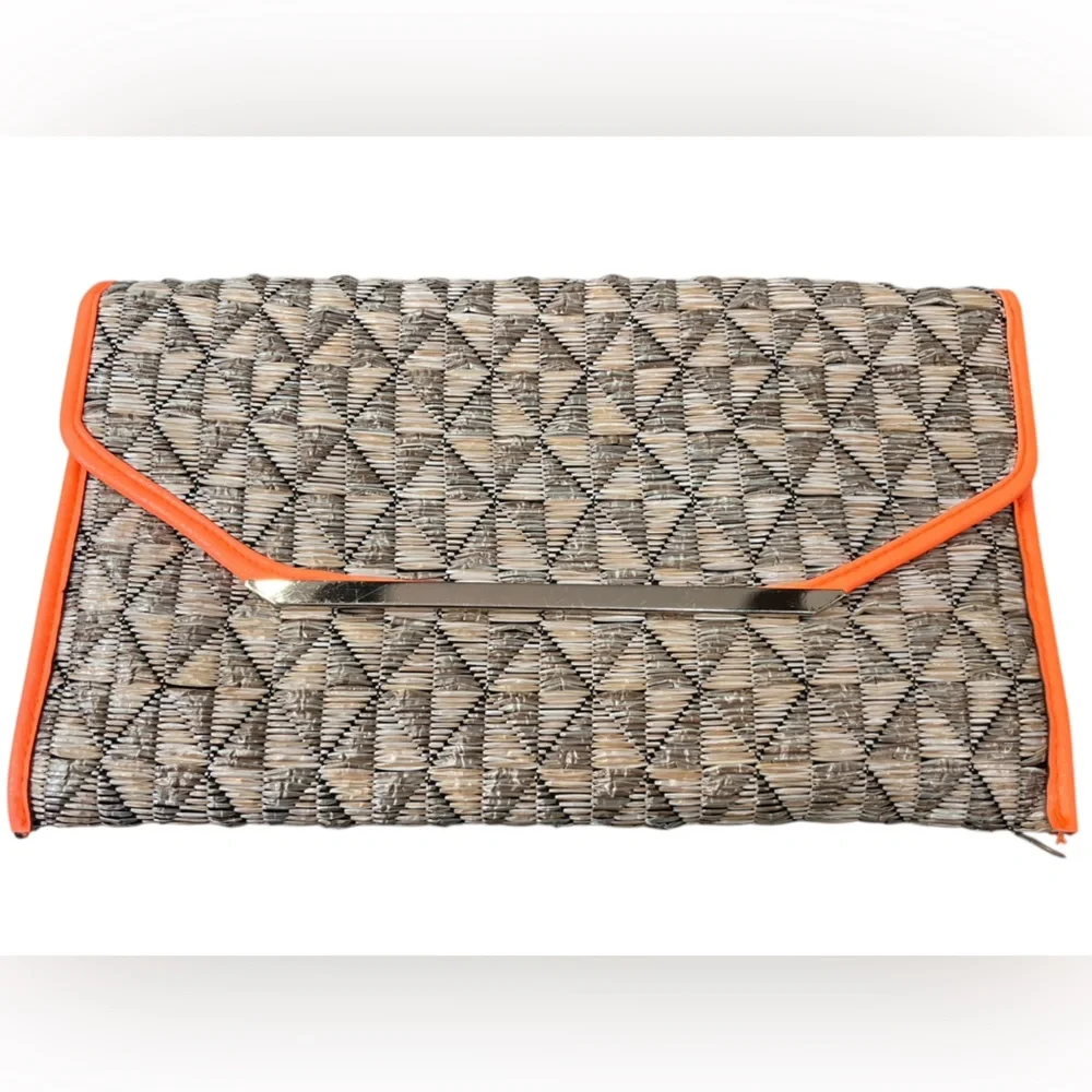 The Limited Woven Straw Clutch Crossbody Bag Orange Trim Boho Resort